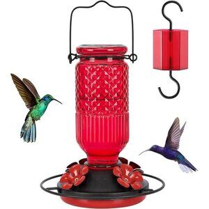 Glass Hummingbird Feeder for Outdoors Hanging 16 OZ With Bee Gaurd Feeding Ports